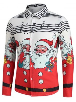 Christmas Santa Claus and Music Notes Print Button Up Festival Shirt