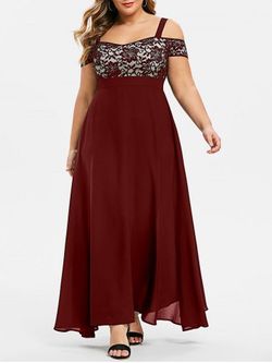 Plus Size Open Shoulder Lace Insert Evening Maxi Dress - RED WINE - 3X