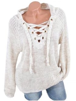 Lace Up Raglan Sleeves Hooded Sweater - WARM WHITE - S