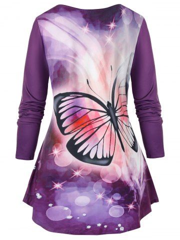 

Plus Size Butterfly Print Placket Curved Tunic Tee, Multi