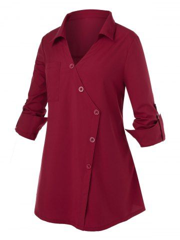 

Plus Size Asymmetric Button Shirt, Red wine