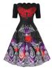 Plus Size Vintage Scalloped Off Shoulder Butterfly Print Dress -  