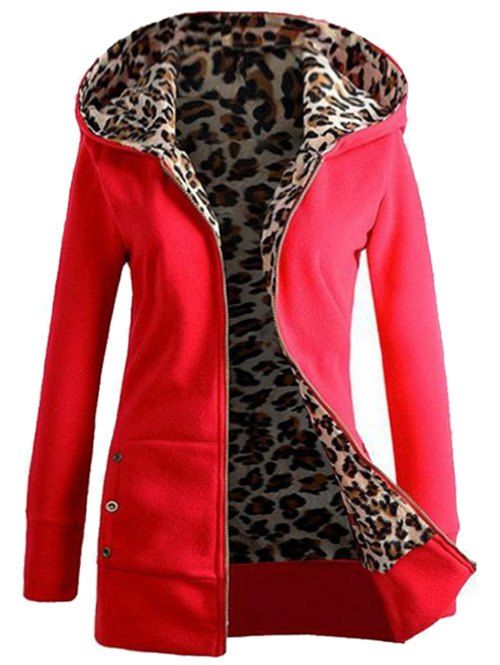 

Leopard Print Zip Up Longline Hoodie, Red