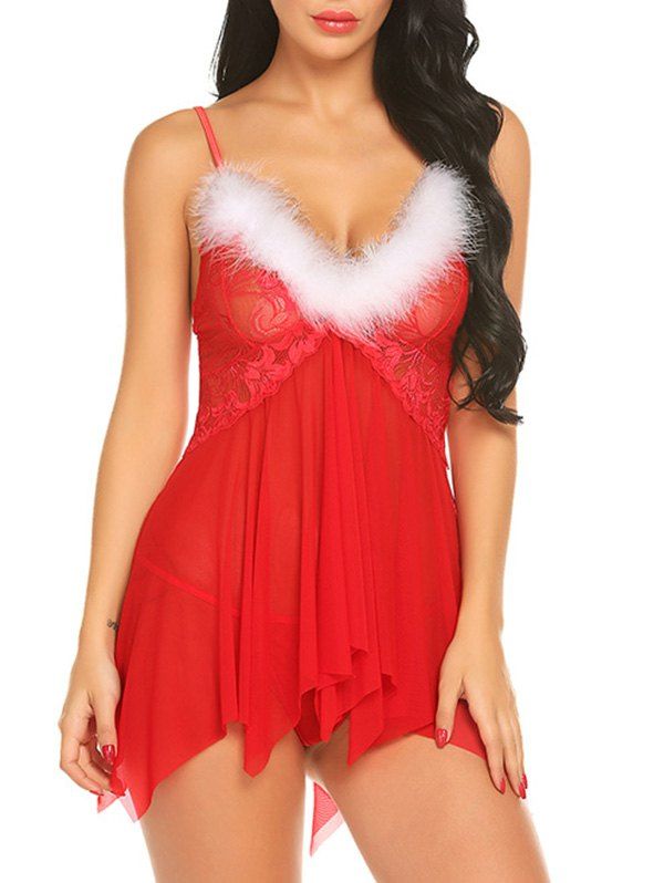 

Lace Panel Fuzzy Mesh Babydoll Set, Red