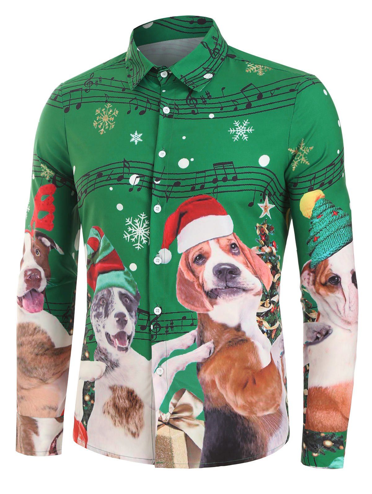 

Christmas Dog Music Notes Print Button Up Festival Shirt, Medium sea green
