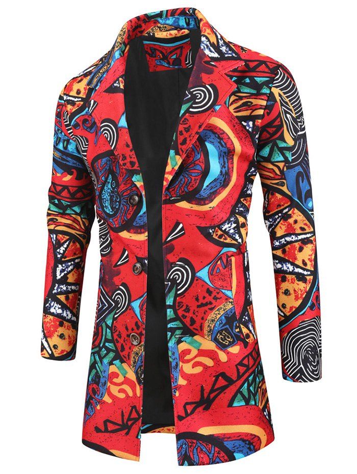 

Tribal Print Button Wool Blend Coat, Multi