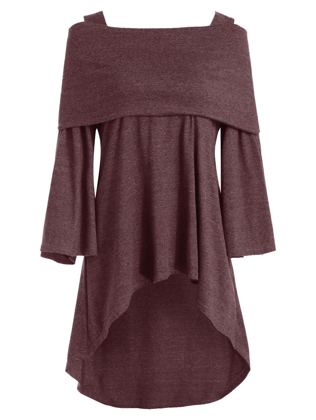 

Plus Size Bell Sleeve High Low Foldover T Shirt, Red wine
