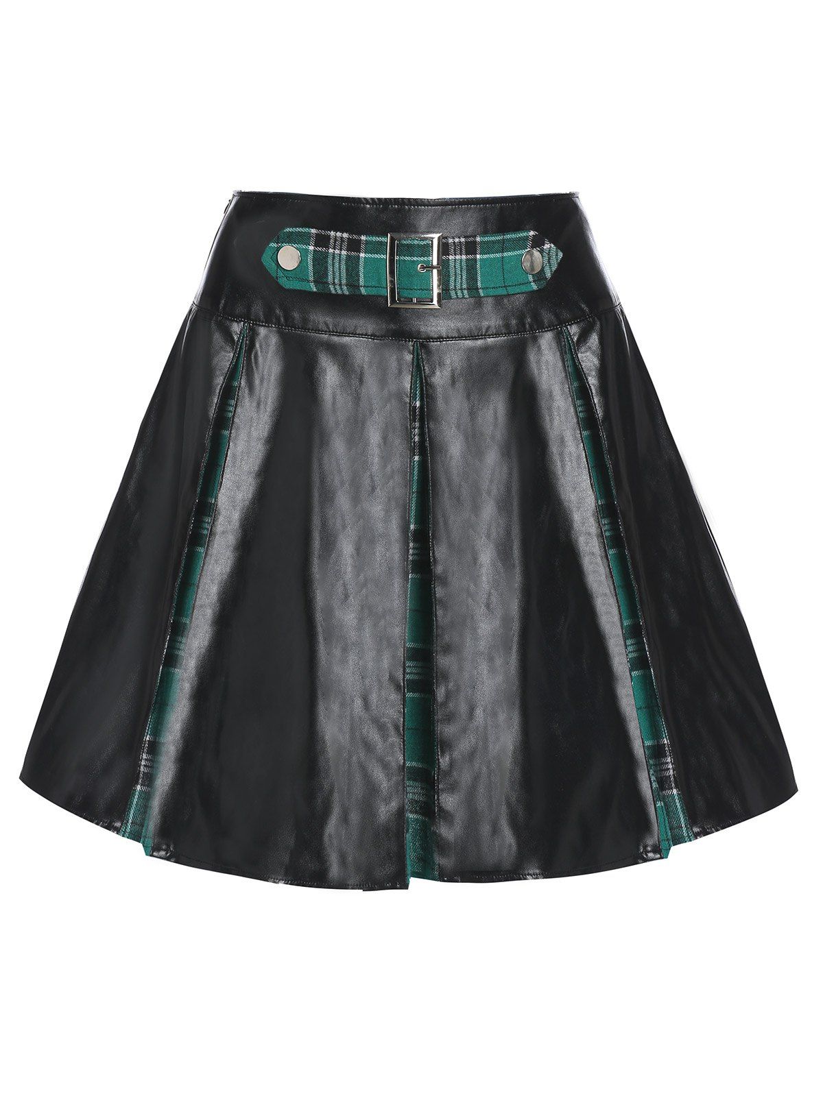 

Plaid Print Lace-up Pleated Faux Leather Skirt, Black