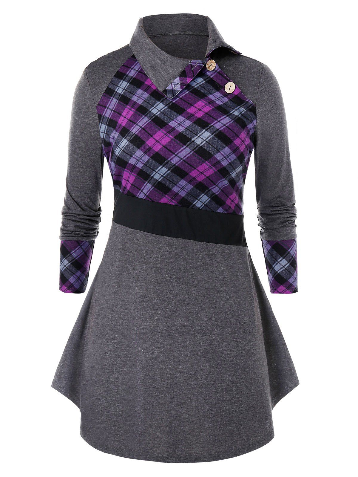 

Plus Size Plaid Turndown Collar A Line Tunic Tee, Gray