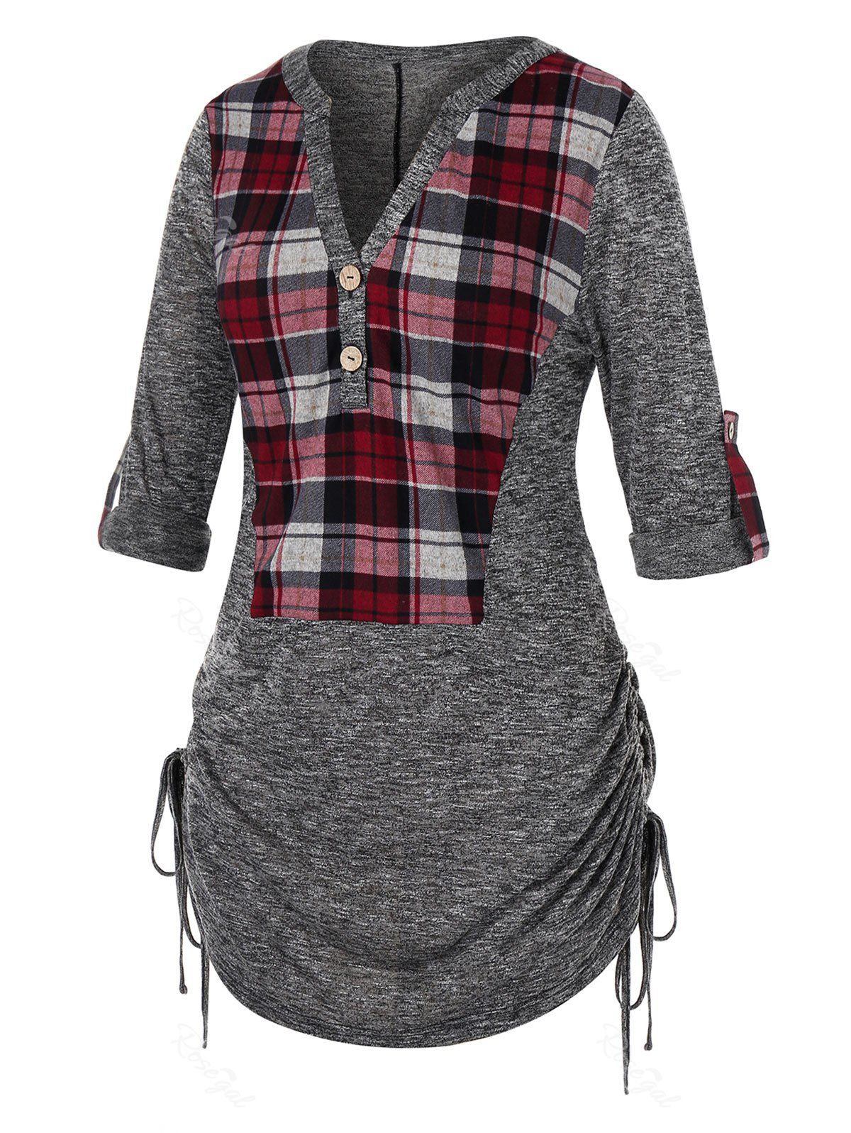 

Plus Size Plaid Cinched Roll Tab Sleeve Space Dye Tee, Light gray