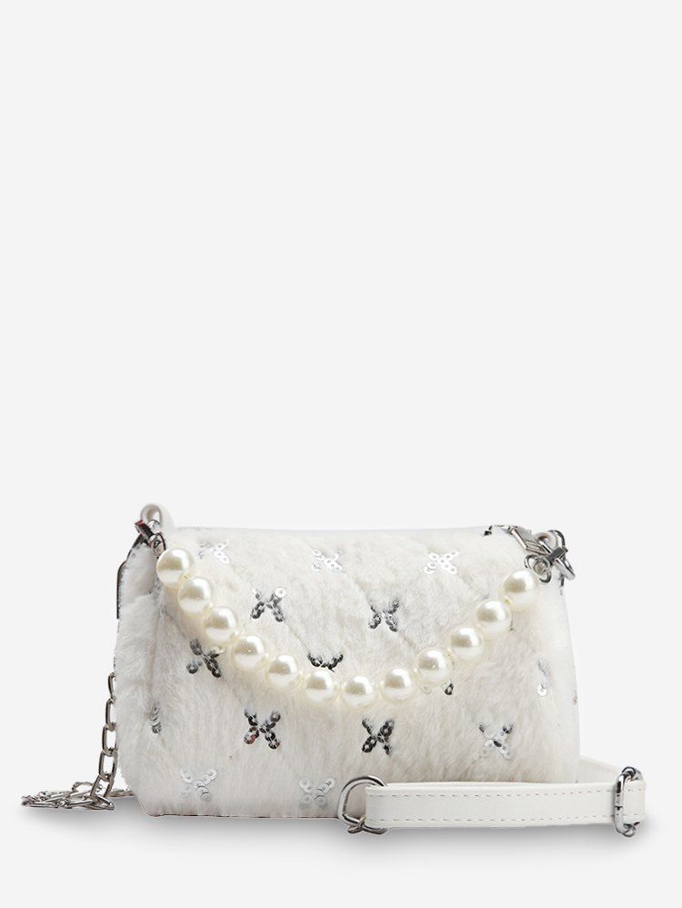 

Faux Pearl Sequin Quilted Fuzzy Crossbody Bag, White