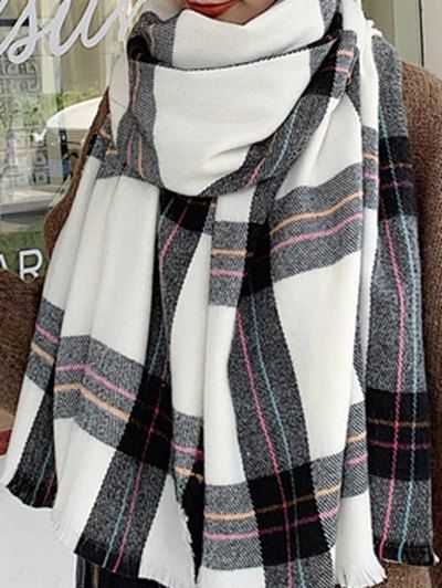 

Winter Plaid Pattern Long Faux Cashmere Scarf, Milk white