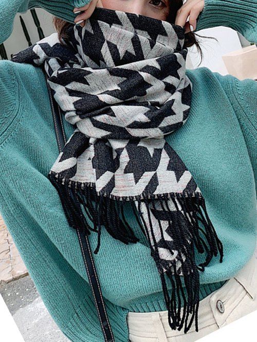 

Plaid Houndstooth Long Thick Fringe Scarf, Black