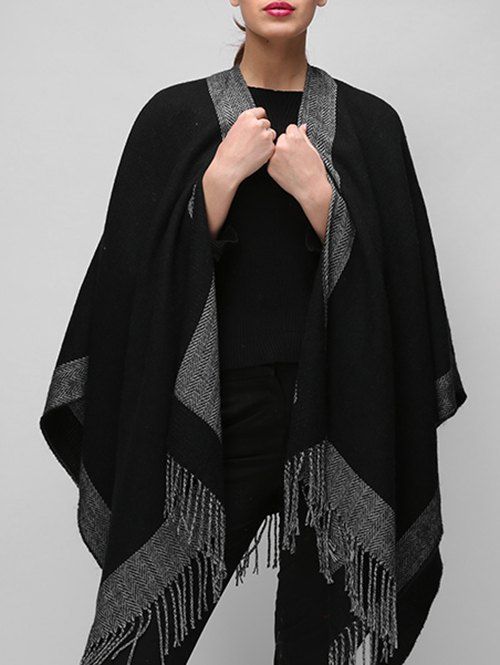 

Winter Herringbone Fringe Reversible Shawl, Black