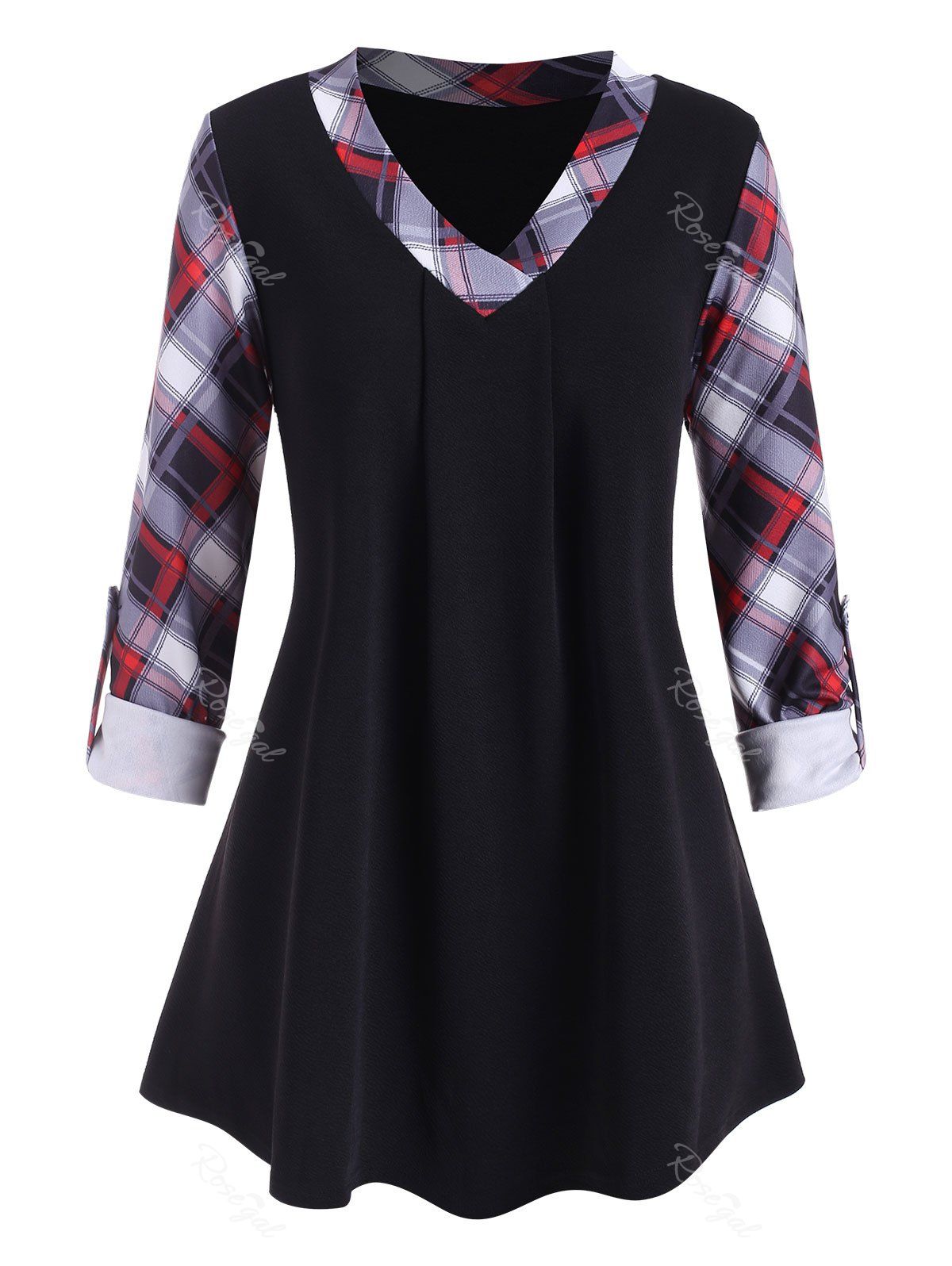 

Plus Size V Neck Roll Up Sleeve Plaid Tunic T-shirt, Light slate gray
