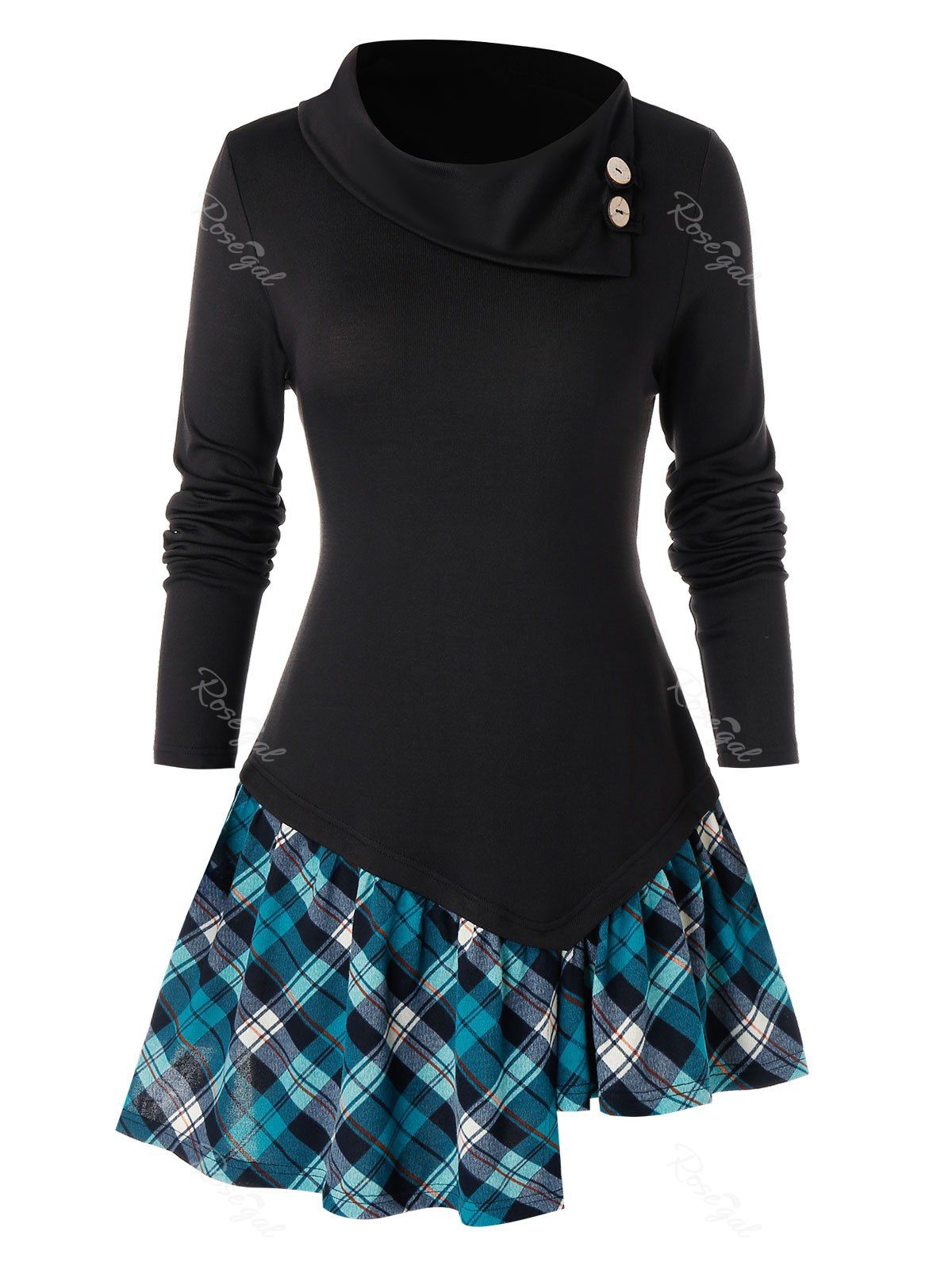 

Plus Size Plaid Splicing Asymmetric Tee, Black
