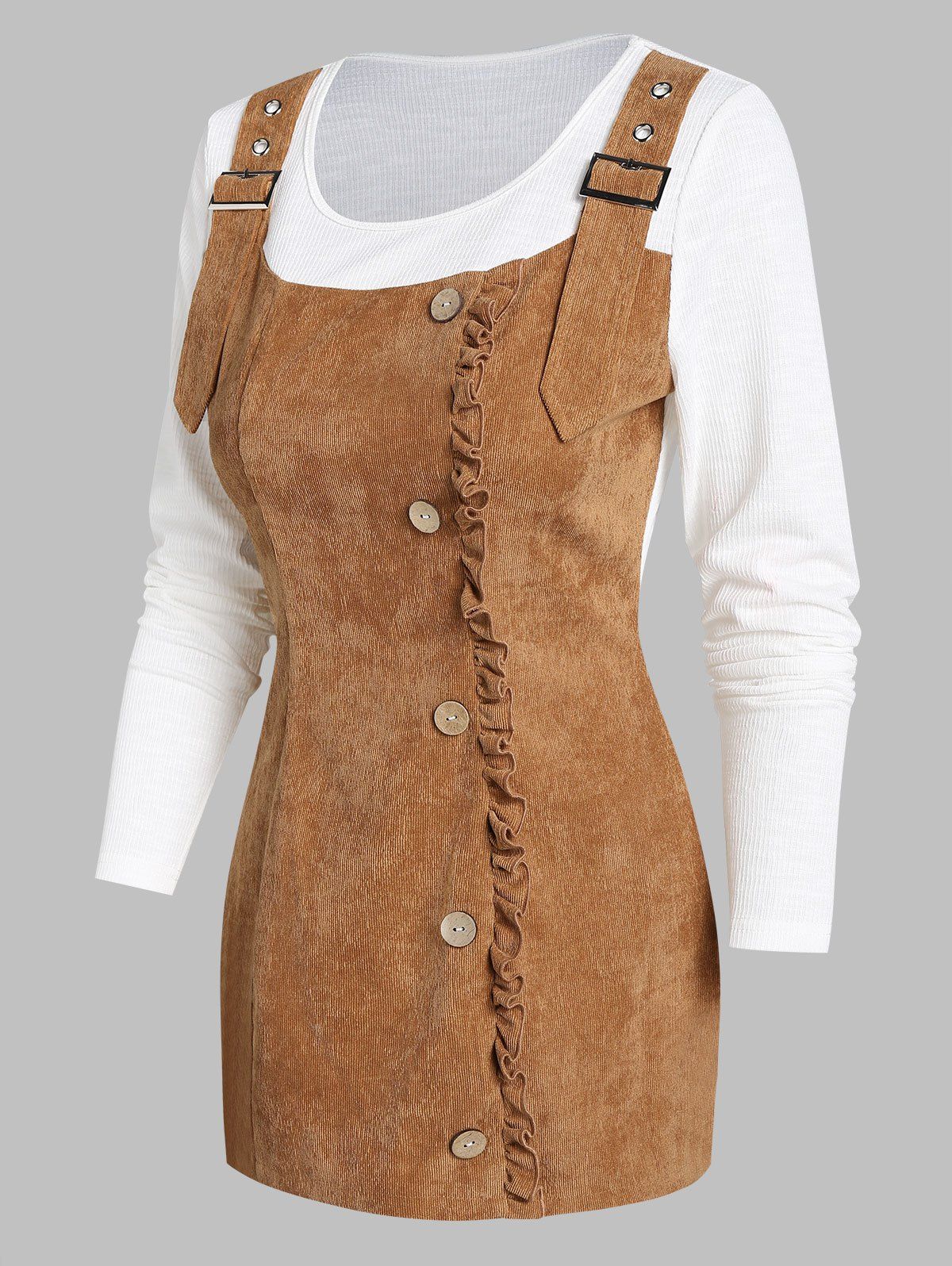 

Mock Button Corduroy Insert Faux Twinset Knitwear, Dark goldenrod