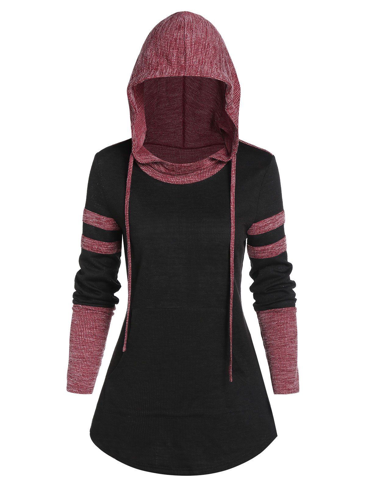 

Contrast Ribbed Hooded Curved Hem T-shirt, Black