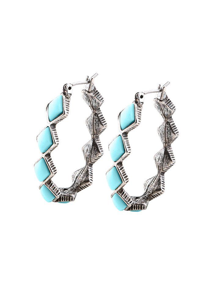 

Oval Rhombus Turquoise Hoop Earrings, Silver