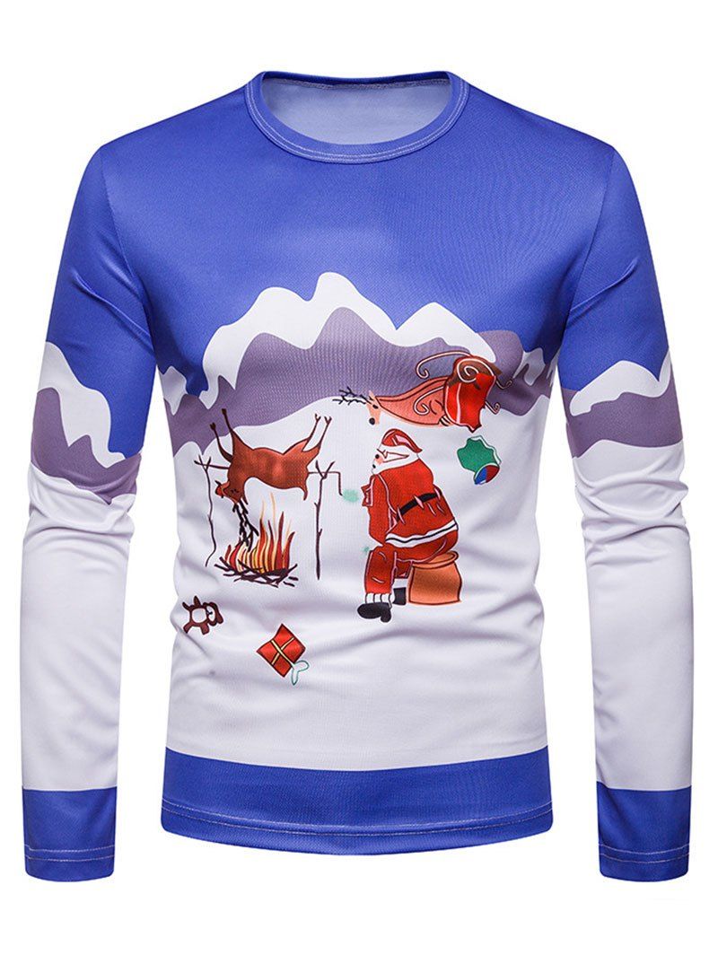 

Christmas Santa Elk Print Long Sleeve T-shirt, Ocean blue