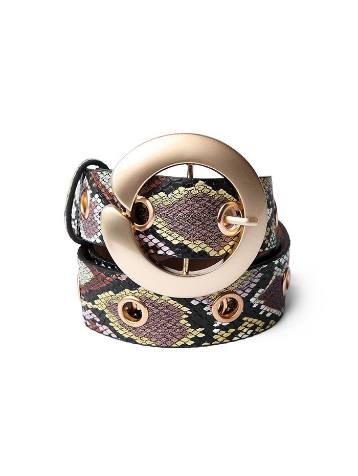 

Snakeskin Pattern Round Buckle Belt, Goldenrod