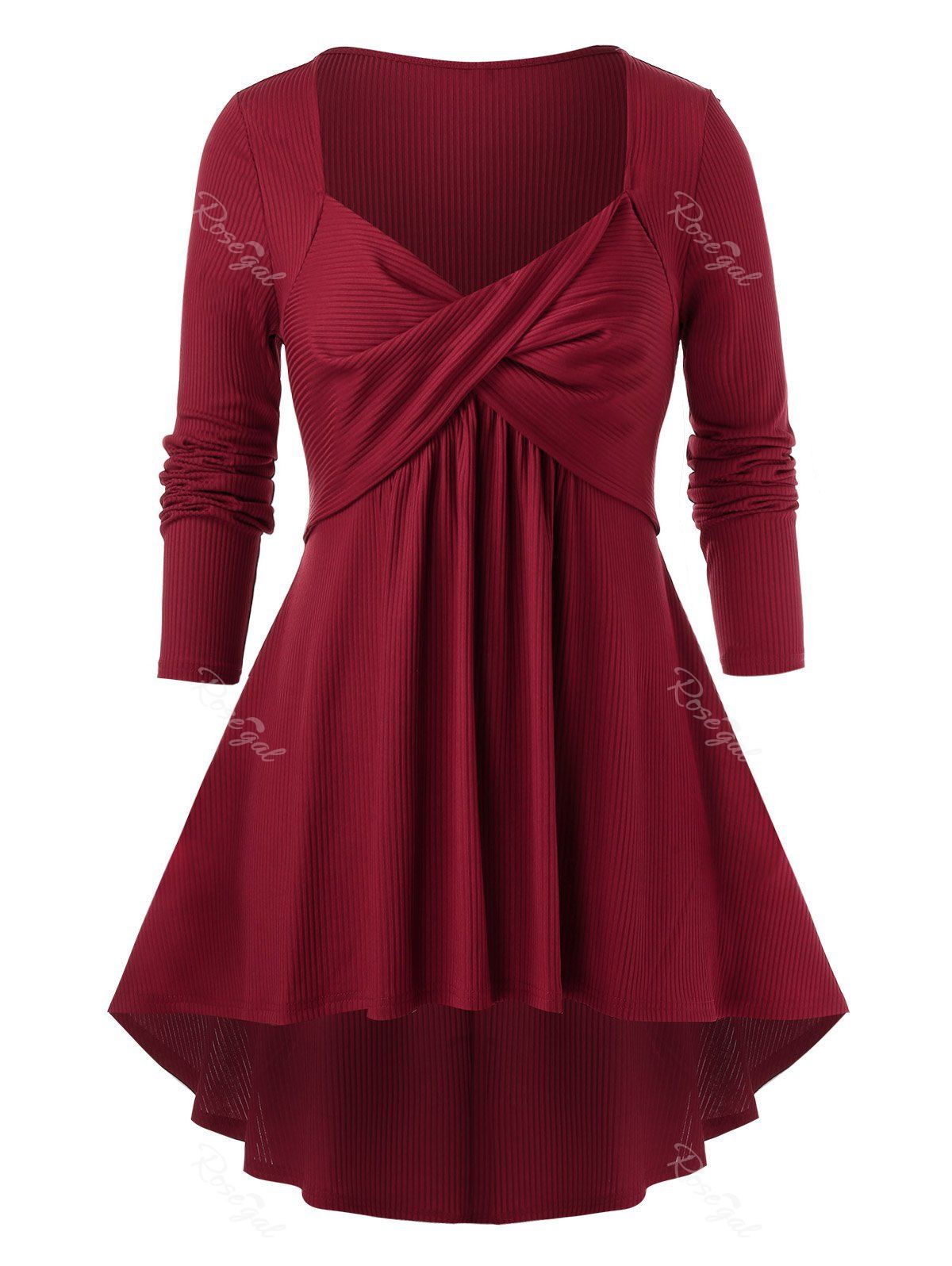 

Plus Size Twist Front Ribbed High Low Flare T-shirt, Red wine