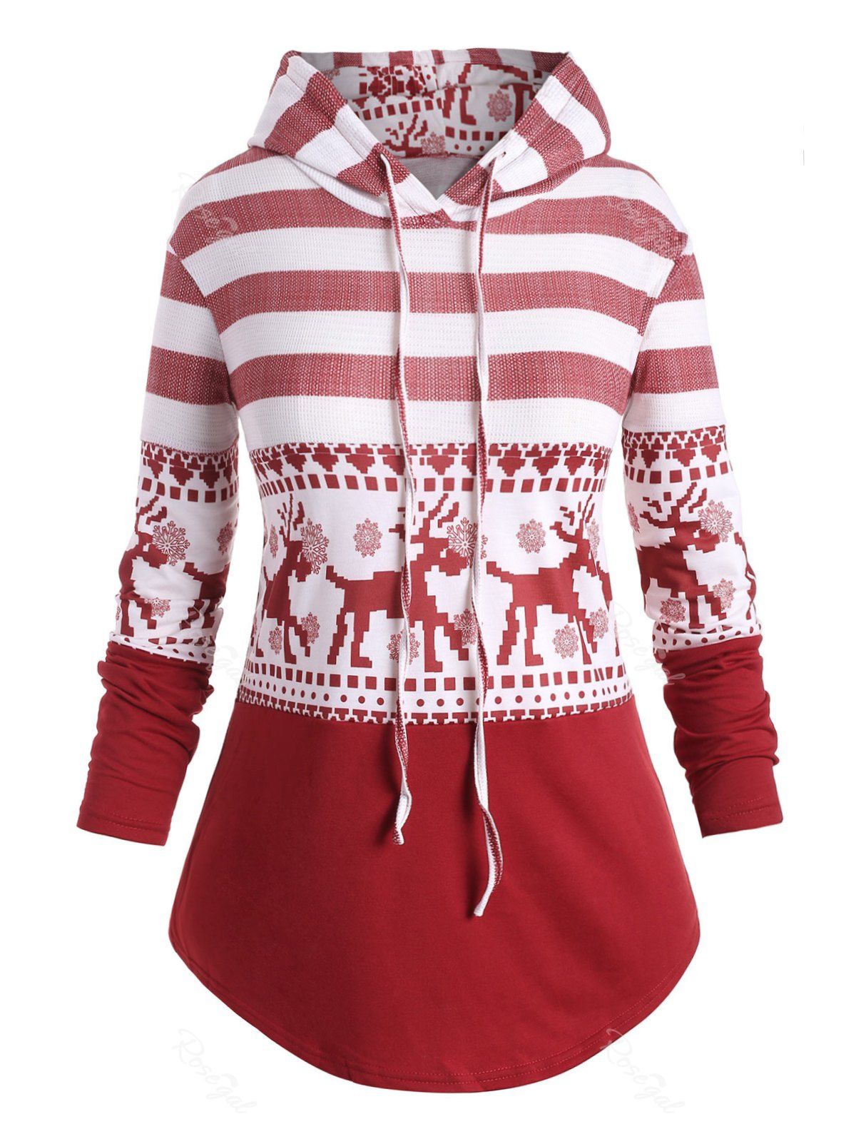 

Drawstring Elk Snowflake Stripes Panel Christmas Plus Size Hoodie, Red