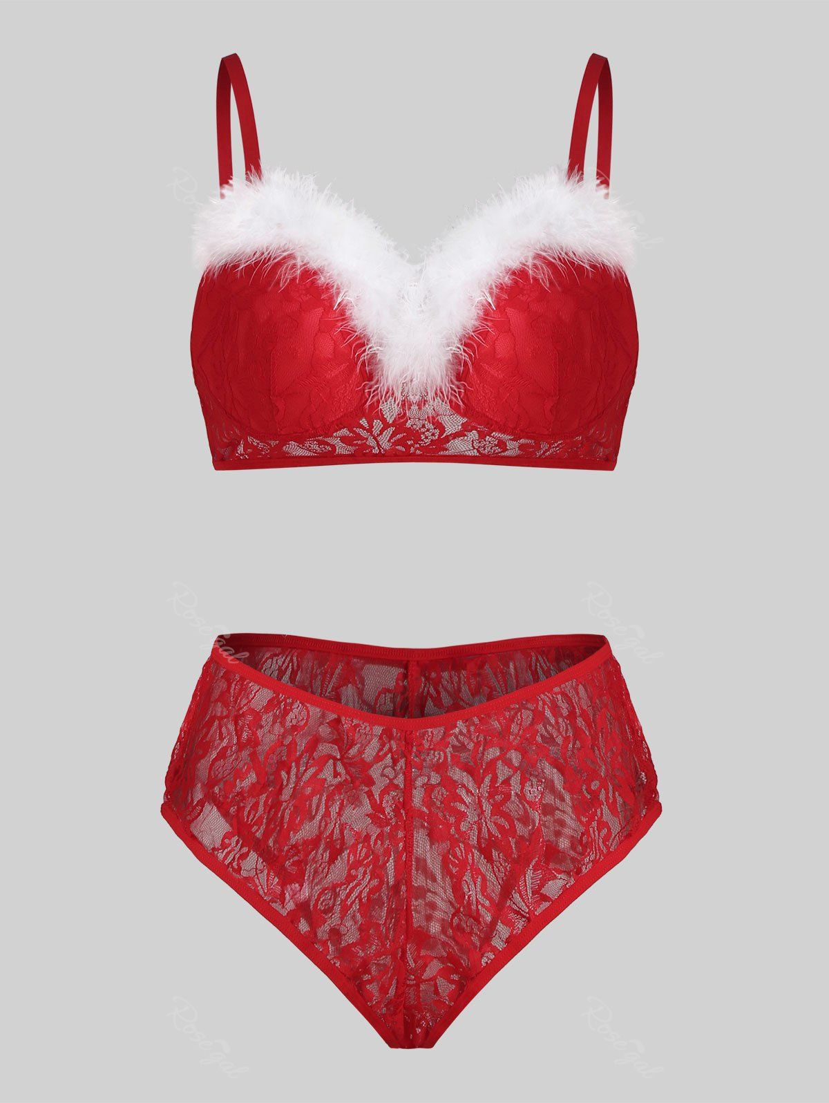 

Christmas Fuzzy Push Up Plus Size Lingerie Lace Bra Set, Red