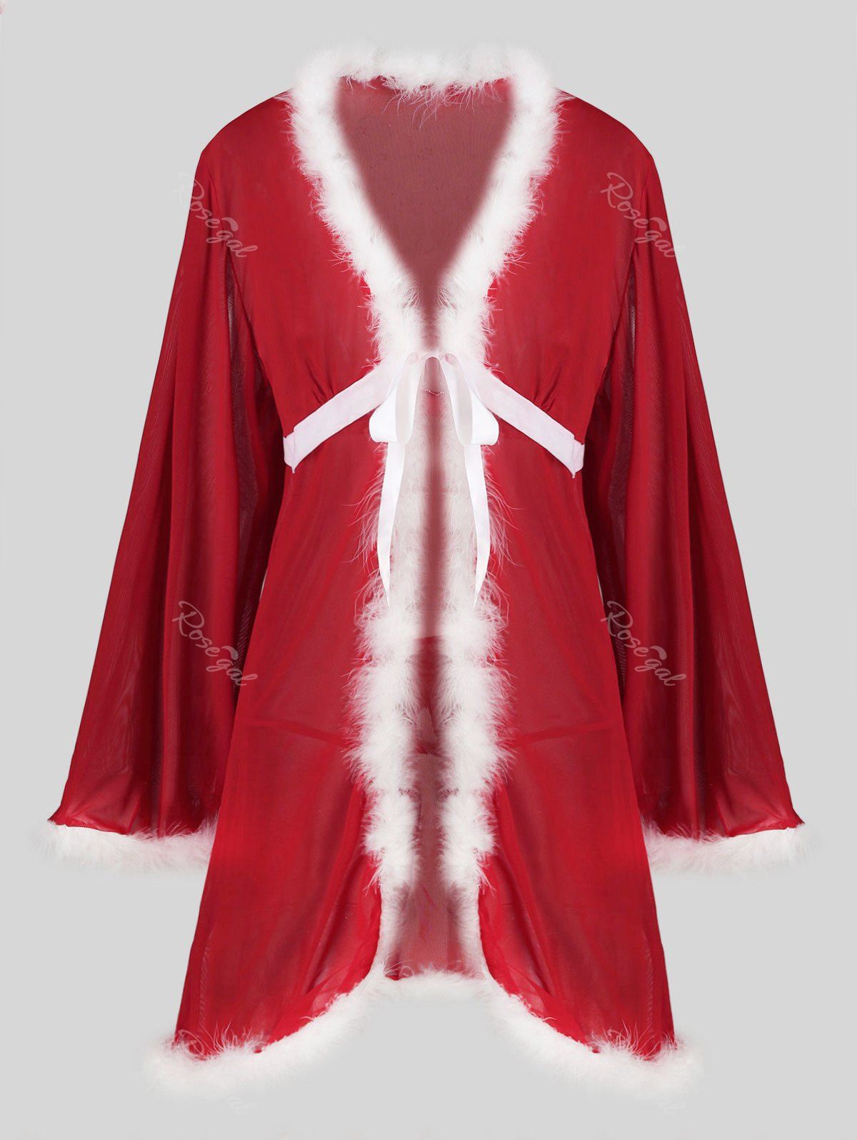 

Christmas Tie Front Fuzzy T Back Sheer Mesh Plus Size Robe, Red