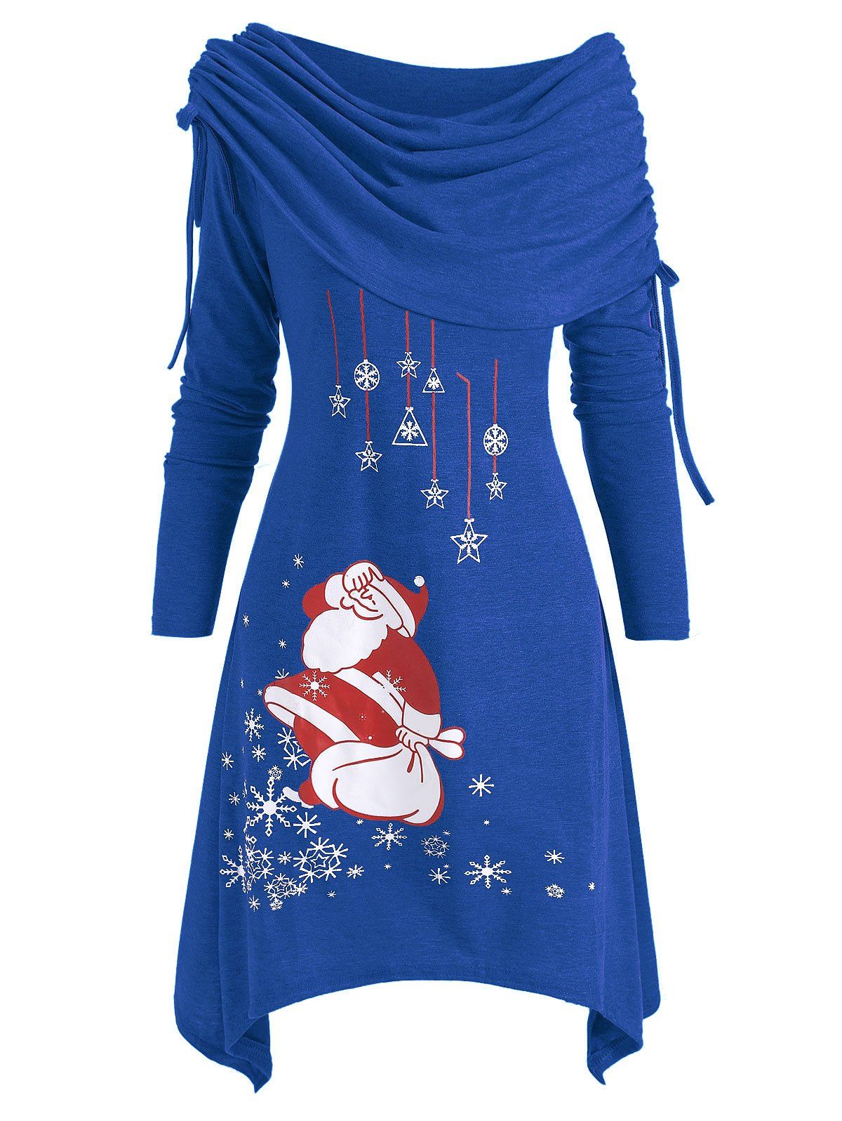 

Christmas Santa Claus Cinched Off Shoulder Asymmetrical Dress, Blue