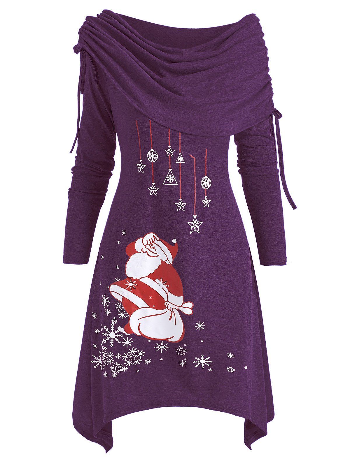 

Christmas Santa Claus Cinched Off Shoulder Asymmetrical Dress, Dark orchid