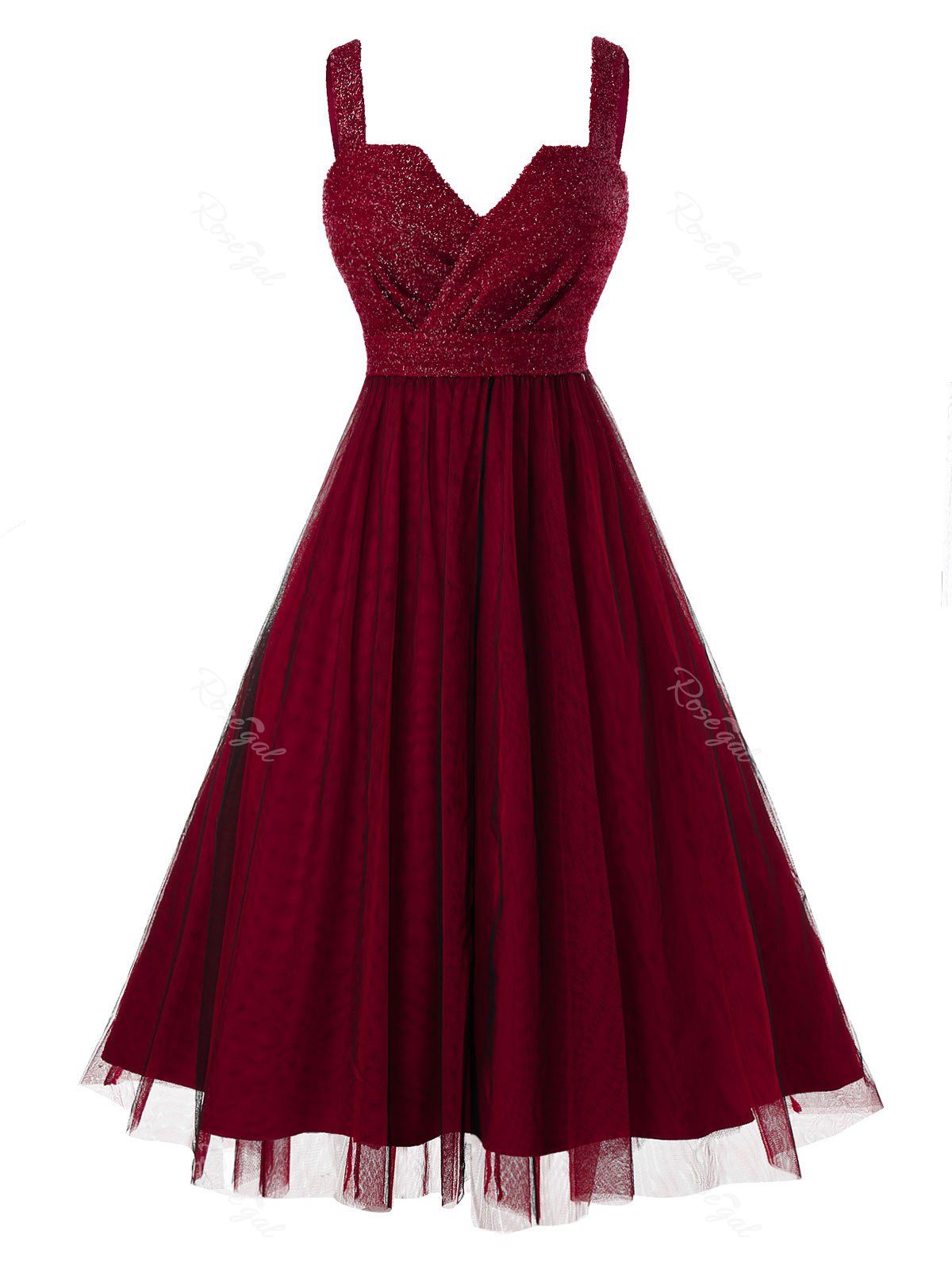 

Plus Size Sleeveless Sparkly Metallic Thread Mesh Prom Dress, Red wine