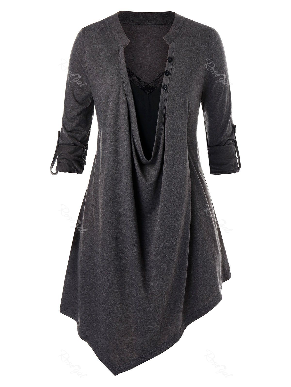 

Plus Size Lace Insert Asymmetric Top, Black
