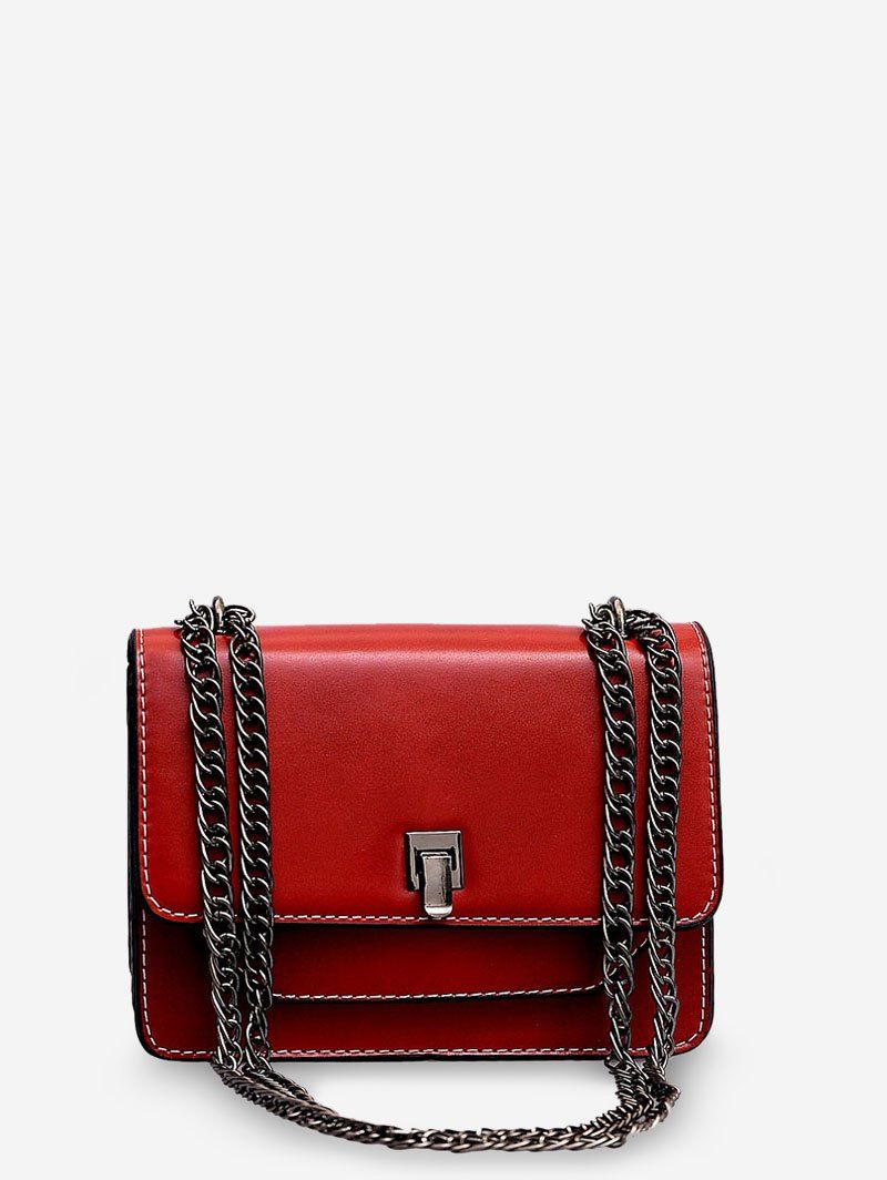 

Chain Square Pocket Leather Shoulder Bag, Red
