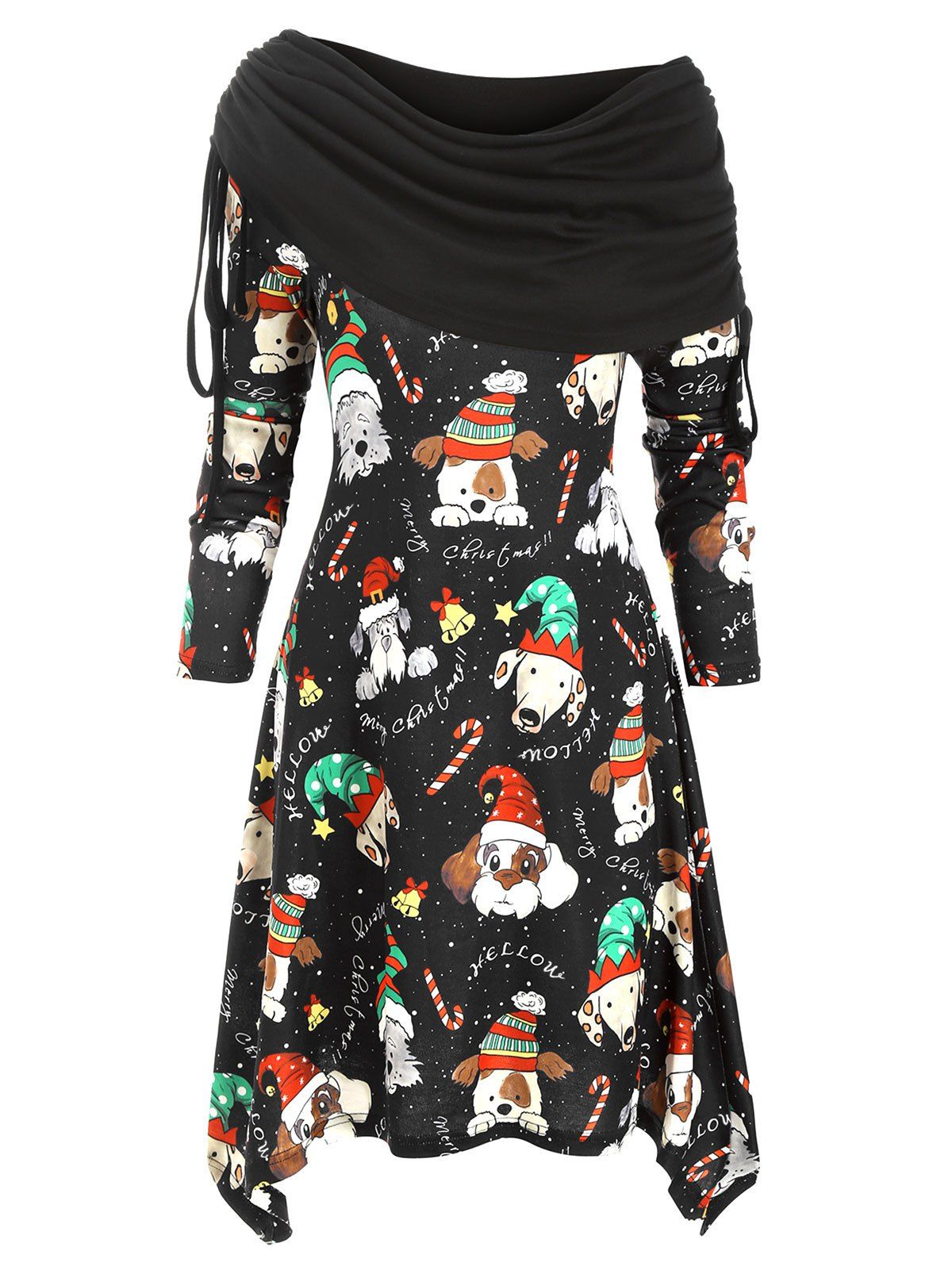 

Christmas Dog Print Asymmetrical Cinched Knitted Dress, Black