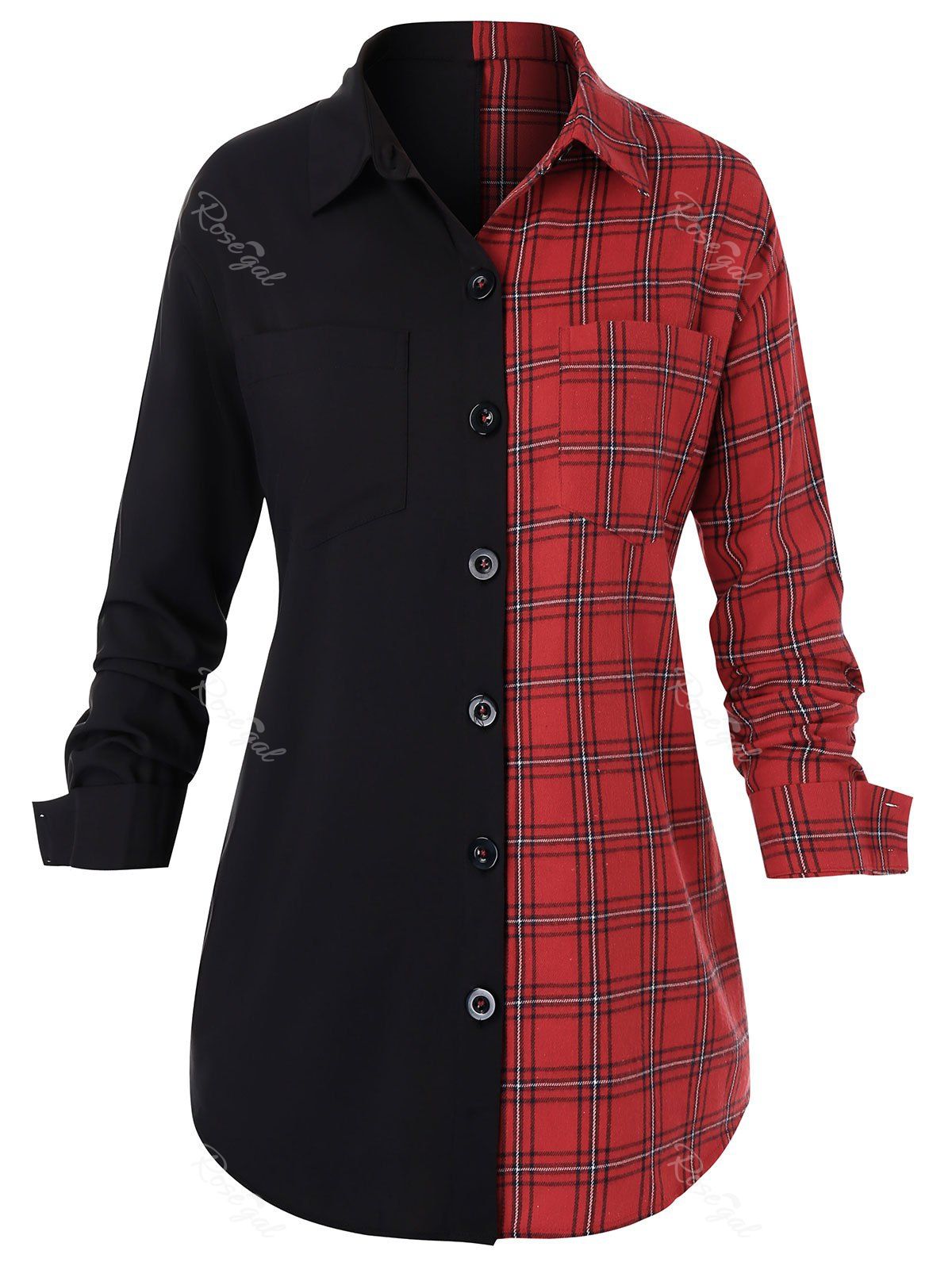 

Plus Size Plaid Contrast Chest Pocket Tunic Blouse, Black