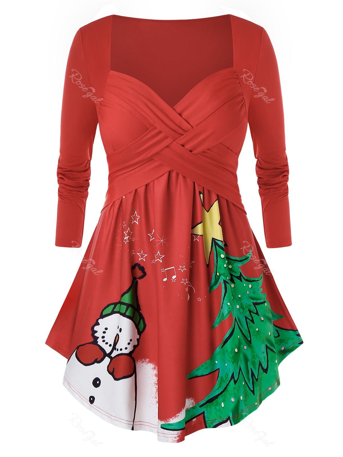 

Plus Size Christmas Print Sweetheart Neck T-Shirt, Red