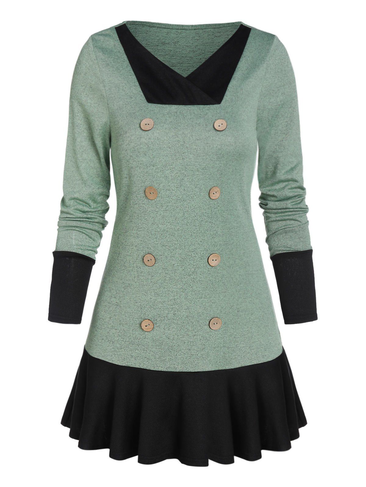 

V Neck Button Skirted Sweater, Mint green