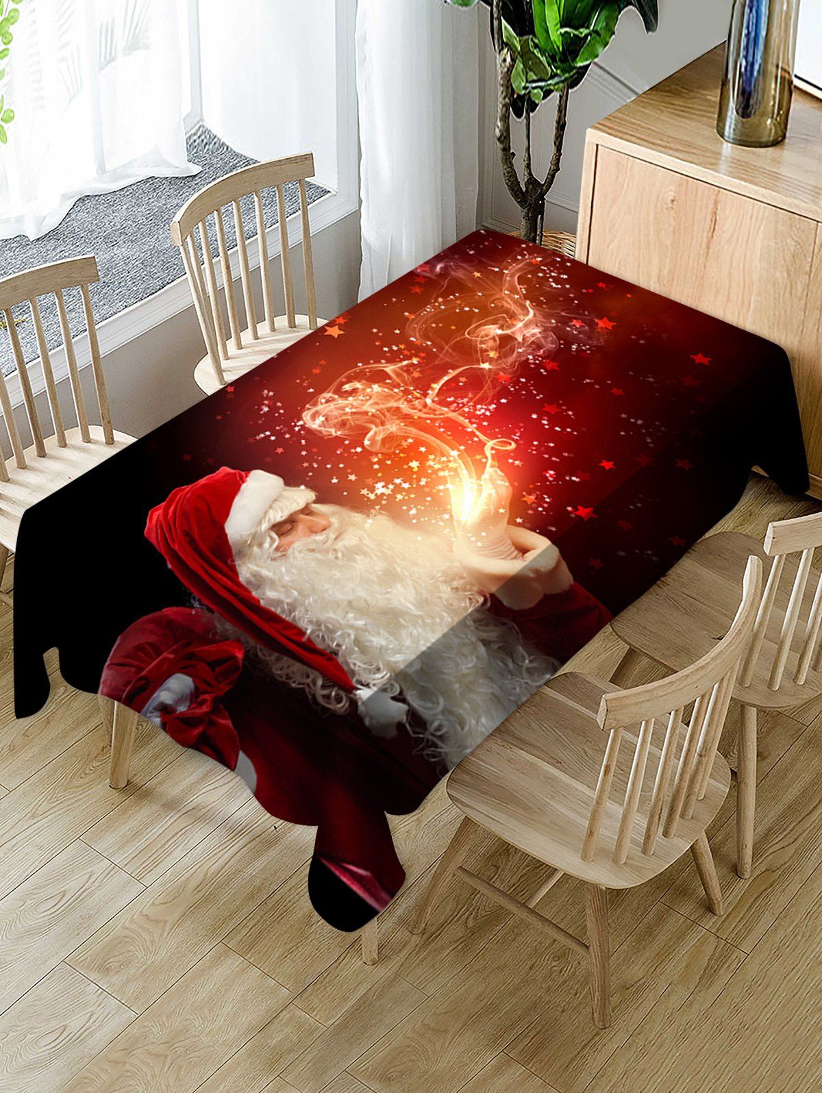 

Christmas Santa Claus Stars Print Waterproof Fabric Tablecloth, Firebrick
