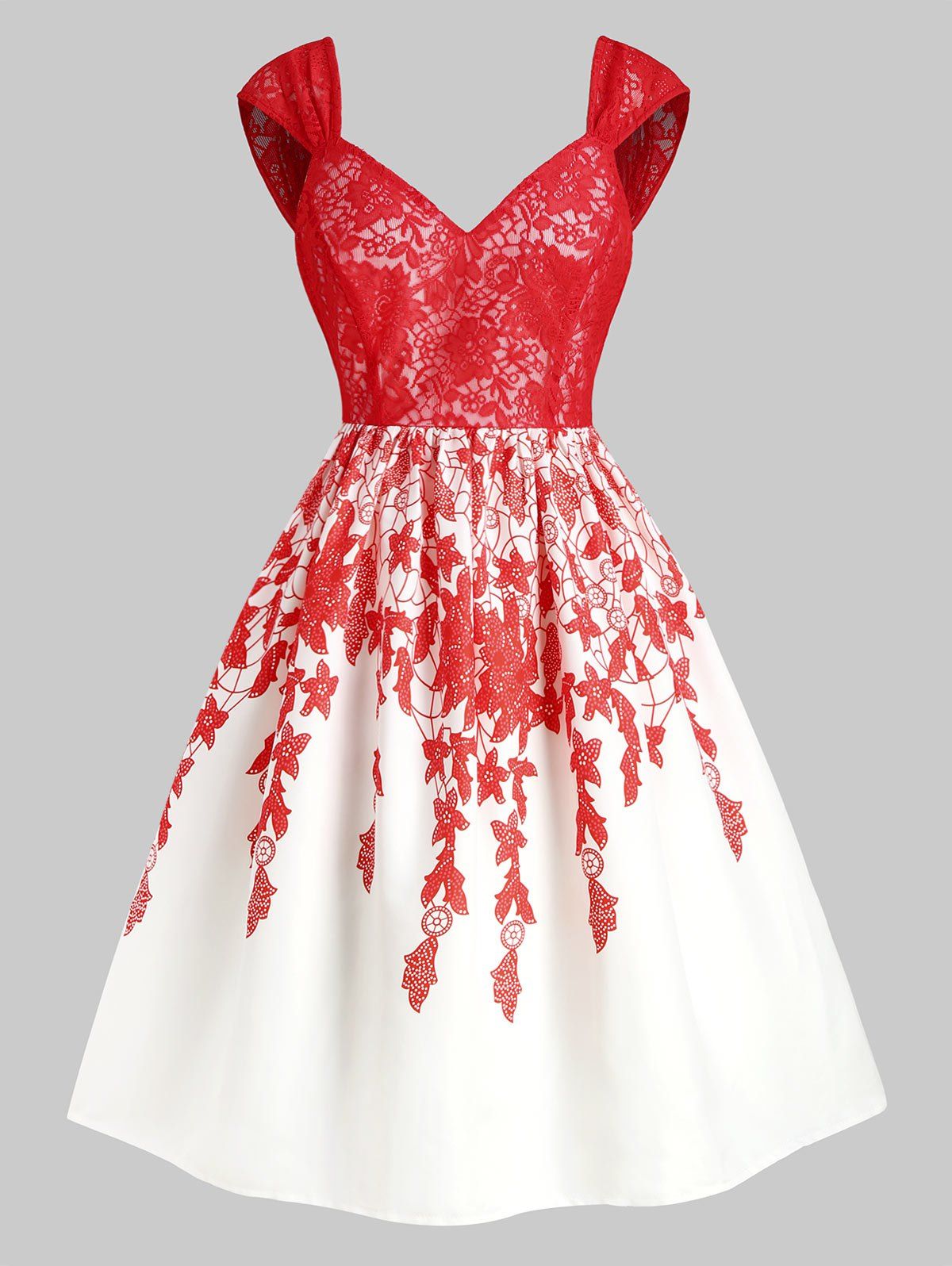 

Floral Print Lace Panel Sweetheart Party Dress, Red