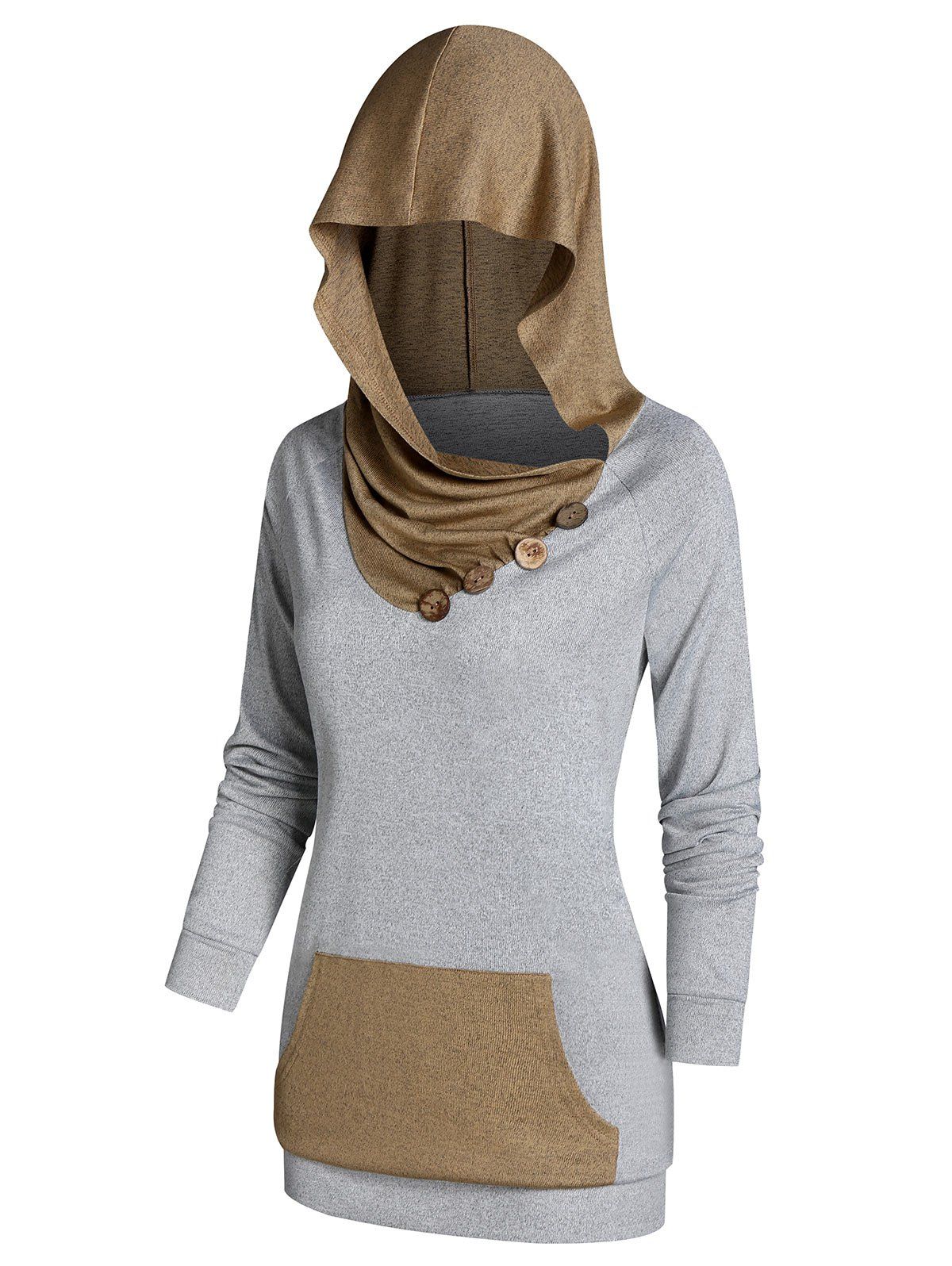 

Contrast Kangaroo Pocket Button Ruched Hooded Sweater, Tan