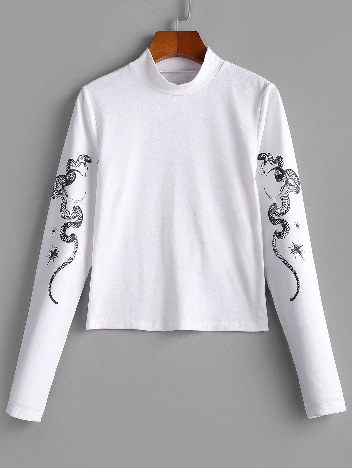 

Mock Neck Snake Print Long Sleeve T-shirt, White