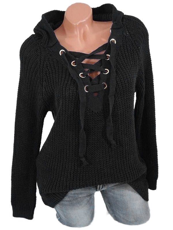 

Lace Up Raglan Sleeves Hooded Sweater, Black