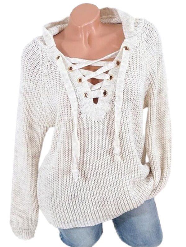 

Lace Up Raglan Sleeves Hooded Sweater, Warm white