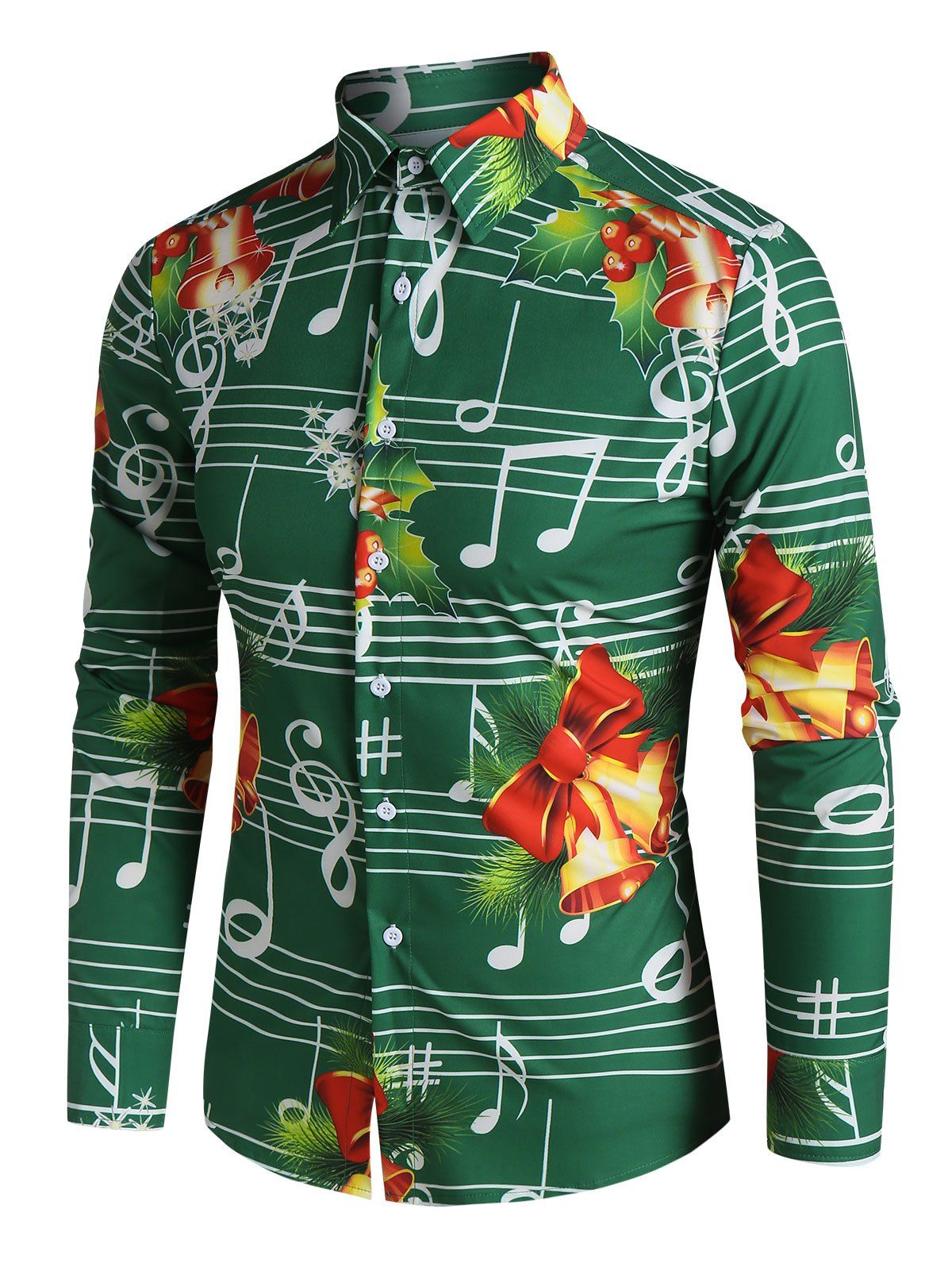 

Christmas Bells Music Notes Print Button Up Festival Shirt, Medium aquamarine