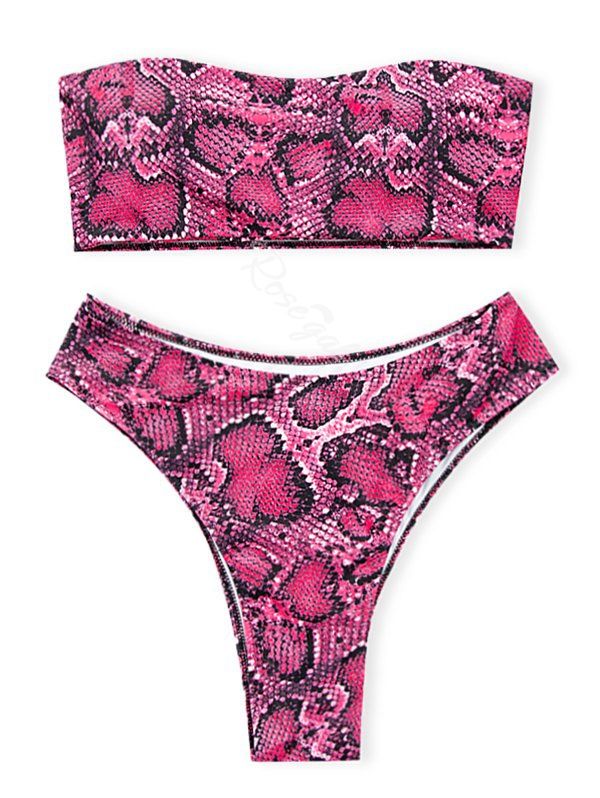 

Plus Size Animal Snake Print Bandeau Bikini Swimsuit, Deep pink