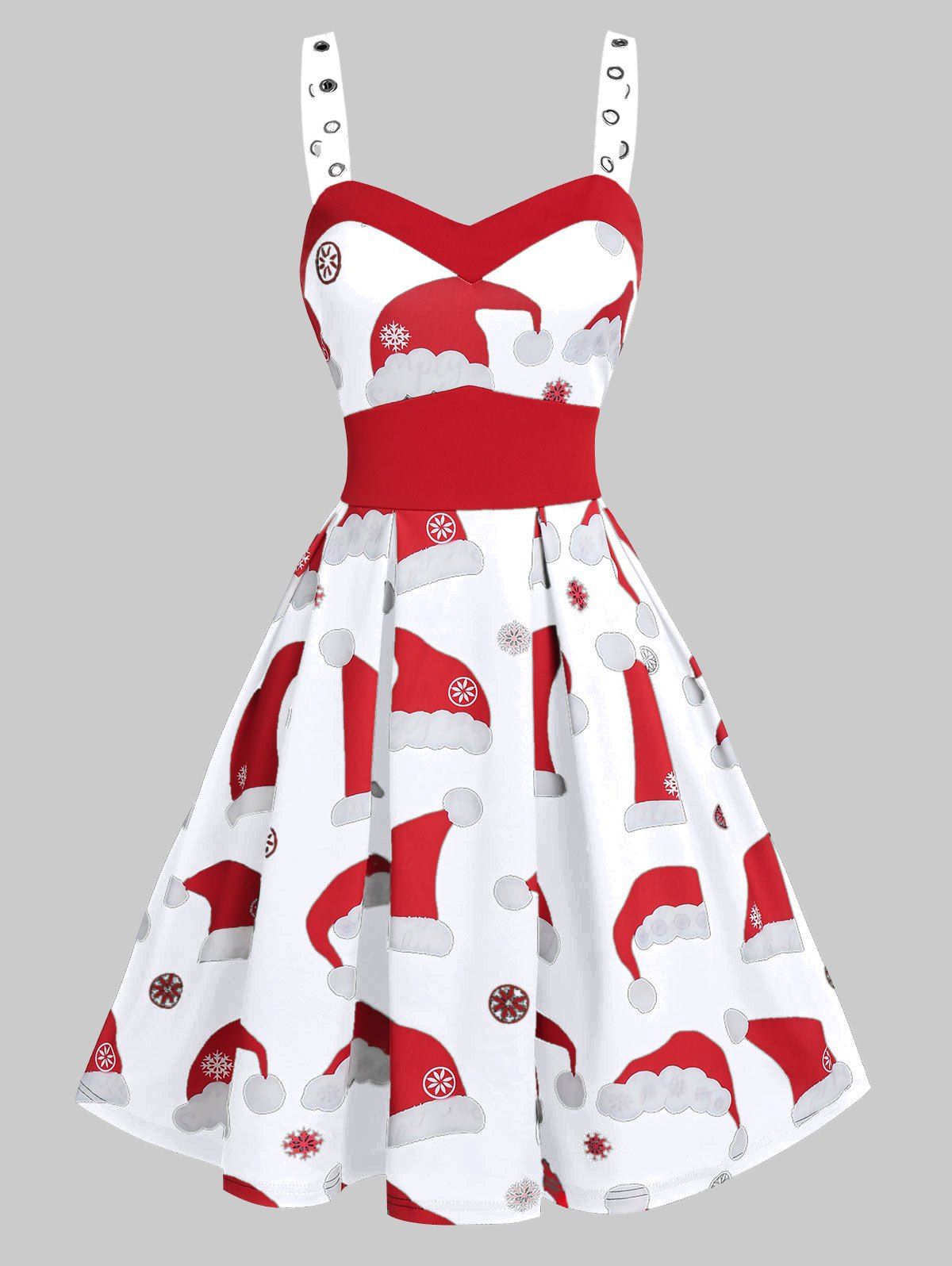 

Christmas Hat Print Grommet Strap A Line Dress, Milk white