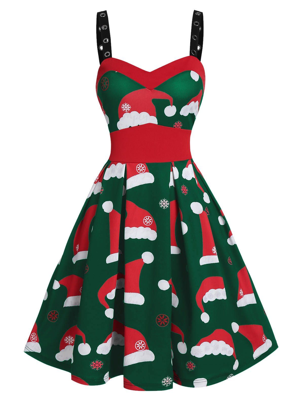 

Christmas Hat Print Grommet Strap A Line Dress, Dark green