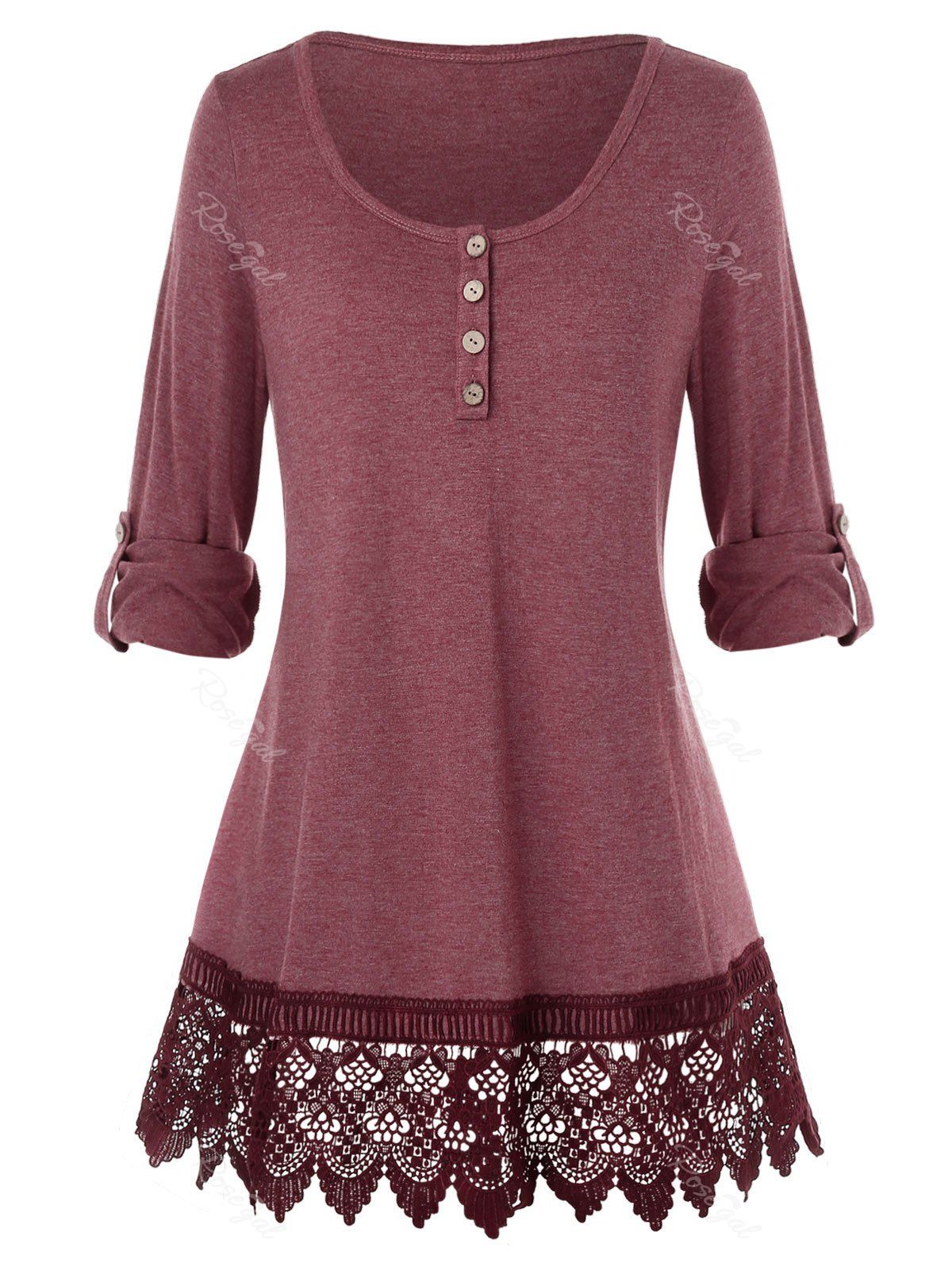

Plus Size Lace Button T-Shirt, Ruby red