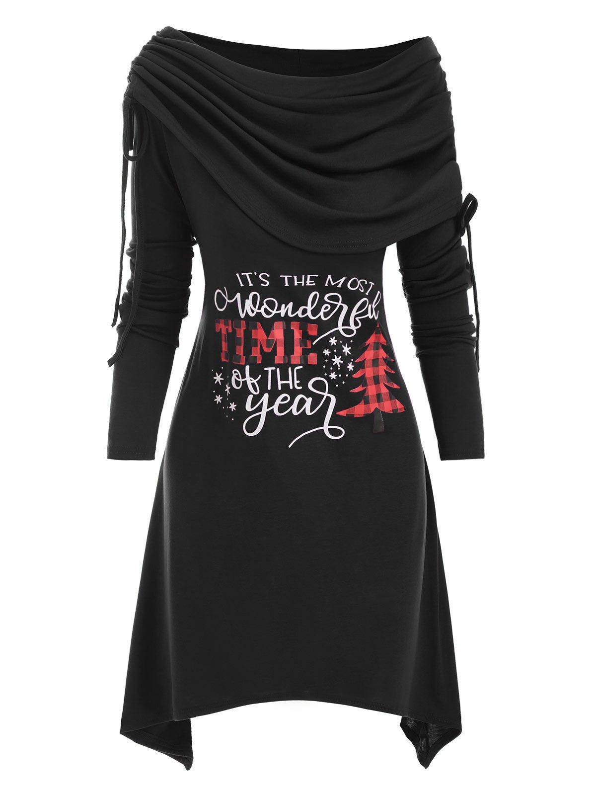 

Christmas Letter Cowl Front Off Shoulder Asymmetrical Dress, Black